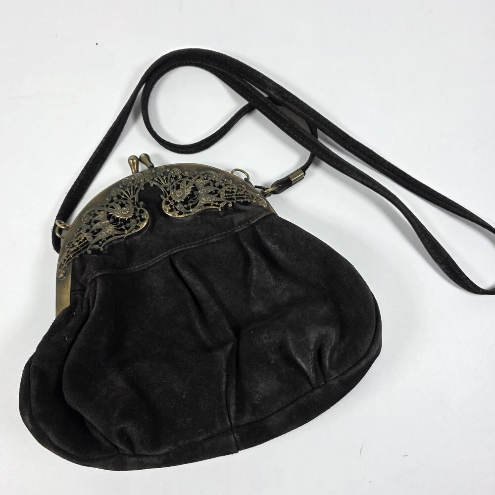 Vintage German Tuefel Suede Leather Handbag Purse Evening Elegant Black Kisslock